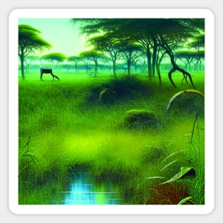 Landscape Painting with Tropical Plants and Lake, Scenery Nature Sticker